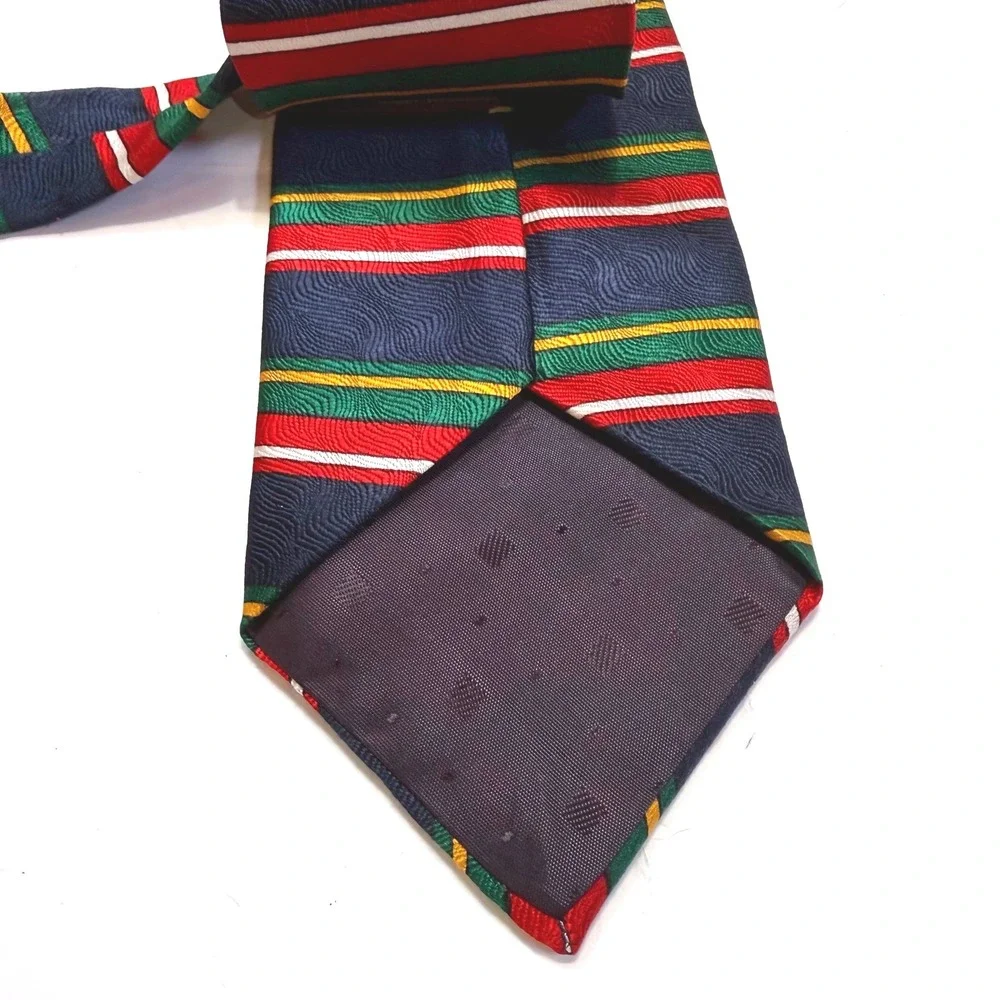 Evan-Picone Mens Silk Tie Navy Green Red Gold Horizontal Stripe Textured Weave